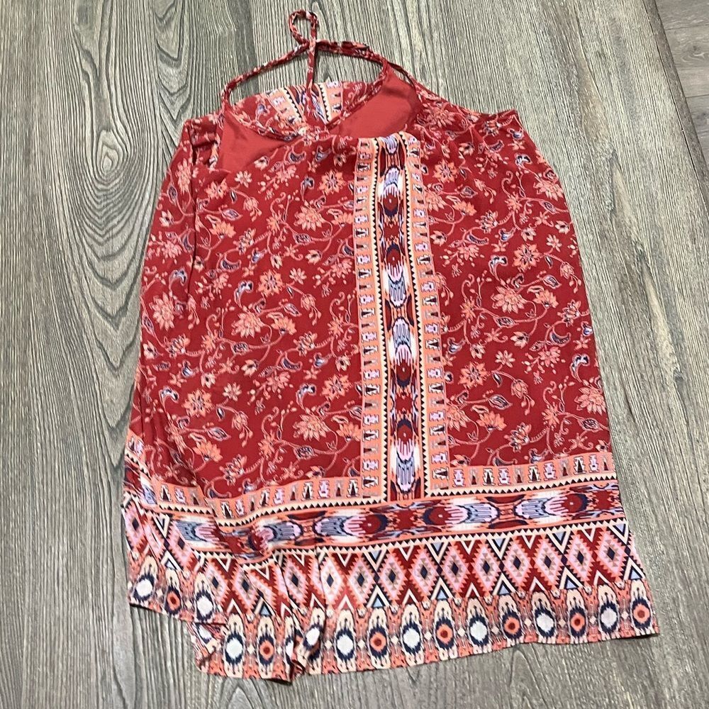 Hollister Mini Dress Tribal Floral Scoop Neck Cross Back Lined Red Size Small